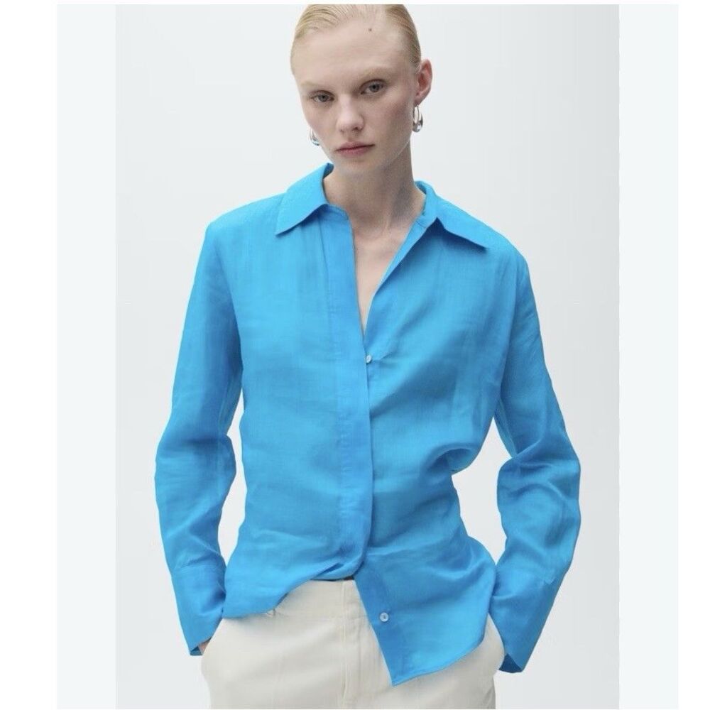 Mango Ramie Semi Sheer Long Sleeve Shirt Turquoise Size 4